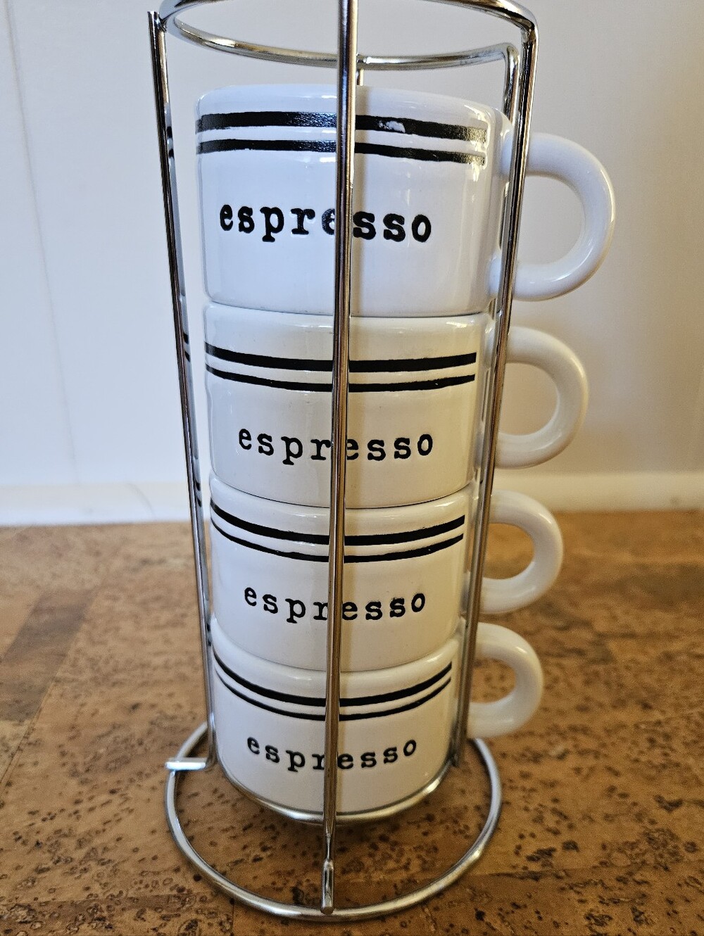White Espresso Cup Set with Black Stripes - Stackable 4-Piece